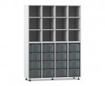 Flexeo Regal, 4 Reihen, 16 große Boxen, 12 Fächer oben grau, Boxen transparent (Zoom)