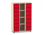 Flexeo Regal, 3 Reihen, 14 große Boxen, 4 Fächer mittig Ahorn honig, Boxen rot (Zoom)