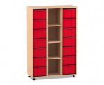 Flexeo Regal, 3 Reihen, 14 große Boxen, 4 Fächer mittig Buche hell, Boxen rot (Zoom)