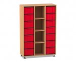 Flexeo Regal, 3 Reihen, 14 große Boxen, 4 Fächer mittig Buche dunkel, Boxen rot (Zoom)