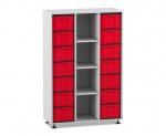 Flexeo Regal, 3 Reihen, 14 große Boxen, 4 Fächer mittig grau, Boxen rot (Zoom)