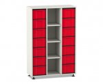 Flexeo Regal, 3 Reihen, 14 große Boxen, 4 Fächer mittig weiß, Boxen rot (Zoom)