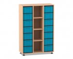 Flexeo Regal, 3 Reihen, 14 große Boxen, 4 Fächer mittig Buche hell, Boxen blau (Zoom)