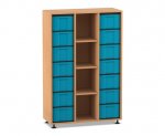 Flexeo Regal, 3 Reihen, 14 große Boxen, 4 Fächer mittig Buche dunkel, Boxen blau (Zoom)