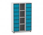 Flexeo Regal, 3 Reihen, 14 große Boxen, 4 Fächer mittig grau, Boxen blau (Zoom)