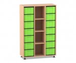 Flexeo Regal, 3 Reihen, 14 große Boxen, 4 Fächer mittig Buche hell, Boxen grün (Zoom)