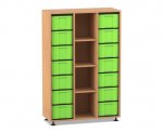 Flexeo Regal, 3 Reihen, 14 große Boxen, 4 Fächer mittig Buche dunkel, Boxen grün (Zoom)