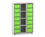 Flexeo Regal, 3 Reihen, 14 große Boxen, 4 Fächer mittig grau, Boxen grün (Zoom)