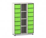 Flexeo Regal, 3 Reihen, 14 große Boxen, 4 Fächer mittig weiß, Boxen grün (Zoom)