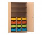 Flexeo Schrank PRO, 3 Reihen, 12 Boxen Gr. M, 3 Fächer, 2 Türen Buche hell, Boxen bunt (Zoom)