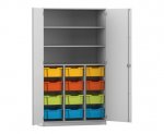 Flexeo Schrank PRO, 3 Reihen, 12 Boxen Gr. M, 3 Fächer, 2 Türen grau, Boxen bunt (Zoom)