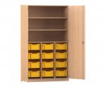 Flexeo Schrank PRO, 3 Reihen, 12 Boxen Gr. M, 3 Fächer, 2 Türen Buche hell, Boxen gelb (Zoom)