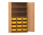 Flexeo Schrank PRO, 3 Reihen, 12 Boxen Gr. M, 3 Fächer, 2 Türen Buche dunkel, Boxen gelb (Zoom)