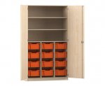 Flexeo Schrank PRO, 3 Reihen, 12 Boxen Gr. M, 3 Fächer, 2 Türen Ahorn honig, Boxen orange (Zoom)