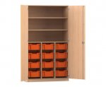 Flexeo Schrank PRO, 3 Reihen, 12 Boxen Gr. M, 3 Fächer, 2 Türen Buche hell, Boxen orange (Zoom)