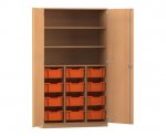 Flexeo Schrank PRO, 3 Reihen, 12 Boxen Gr. M, 3 Fächer, 2 Türen Buche dunkel, Boxen orange (Zoom)