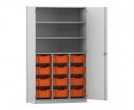 Flexeo Schrank PRO, 3 Reihen, 12 Boxen Gr. M, 3 Fächer, 2 Türen grau, Boxen orange (Zoom)