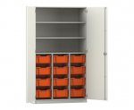 Flexeo Schrank PRO, 3 Reihen, 12 Boxen Gr. M, 3 Fächer, 2 Türen weiß, Boxen orange (Zoom)