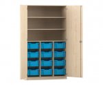 Flexeo Schrank PRO, 3 Reihen, 12 Boxen Gr. M, 3 Fächer, 2 Türen Ahorn honig, Boxen hellblau (Zoom)