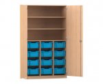 Flexeo Schrank PRO, 3 Reihen, 12 Boxen Gr. M, 3 Fächer, 2 Türen Buche hell, Boxen hellblau (Zoom)