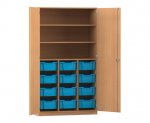 Flexeo Schrank PRO, 3 Reihen, 12 Boxen Gr. M, 3 Fächer, 2 Türen Buche dunkel, Boxen hellblau (Zoom)