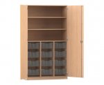 Flexeo Schrank PRO, 3 Reihen, 12 Boxen Gr. M, 3 Fächer, 2 Türen Buche hell, Boxen transparent (Zoom)