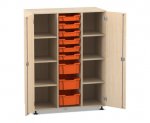 Flexeo Regalschrank PRO, 3 Reihen, 9 Boxen Gr. S und M, 8 Fächer, 2 Türen Ahorn honig, Boxen orange (Zoom)