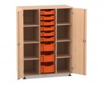 Flexeo Regalschrank PRO, 3 Reihen, 9 Boxen Gr. S und M, 8 Fächer, 2 Türen Buche hell, Boxen orange (Zoom)