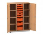 Flexeo Regalschrank PRO, 3 Reihen, 9 Boxen Gr. S und M, 8 Fächer, 2 Türen Buche dunkel, Boxen orange (Zoom)