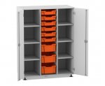 Flexeo Regalschrank PRO, 3 Reihen, 9 Boxen Gr. S und M, 8 Fächer, 2 Türen grau, Boxen orange (Zoom)