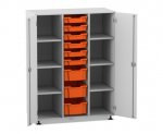 Flexeo Regalschrank PRO, 3 Reihen, 9 Boxen Gr. S und M, 8 Fächer, 2 Türen grau, Boxen orange (Zoom)