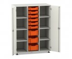 Flexeo Regalschrank PRO, 3 Reihen, 9 Boxen Gr. S und M, 8 Fächer, 2 Türen weiß, Boxen orange (Zoom)