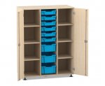 Flexeo Regalschrank PRO, 3 Reihen, 9 Boxen Gr. S und M, 8 Fächer, 2 Türen Ahorn honig, Boxen hellblau (Zoom)