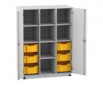 Flexeo Regalschrank PRO, 3 Reihen, 6 Boxen Gr. M, 8 Fächer, 2 Türen grau, Boxen gelb (Zoom)
