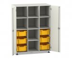 Flexeo Regalschrank PRO, 3 Reihen, 6 Boxen Gr. M, 8 Fächer, 2 Türen weiß, Boxen gelb (Zoom)