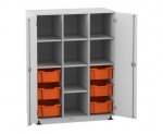 Flexeo Regalschrank PRO, 3 Reihen, 6 Boxen Gr. M, 8 Fächer, 2 Türen grau, Boxen orange (Zoom)