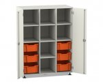 Flexeo Regalschrank PRO, 3 Reihen, 6 Boxen Gr. M, 8 Fächer, 2 Türen weiß, Boxen orange (Zoom)