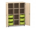 Flexeo Regalschrank PRO, 3 Reihen, 6 Boxen Gr. M, 8 Fächer, 2 Türen Ahorn honig, Boxen hellgrün (Zoom)