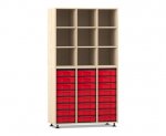 Flexeo Regal, 3 Reihen, 24 kleine Boxen, 9 Fächer oben Ahorn honig, Boxen rot (Zoom)