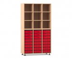Flexeo Regal, 3 Reihen, 24 kleine Boxen, 9 Fächer oben Buche hell, Boxen rot (Zoom)