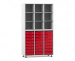 Flexeo Regal, 3 Reihen, 24 kleine Boxen, 9 Fächer oben grau, Boxen rot (Zoom)