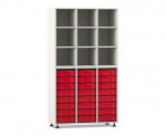 Flexeo Regal, 3 Reihen, 24 kleine Boxen, 9 Fächer oben weiß, Boxen rot (Zoom)