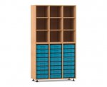 Flexeo Regal, 3 Reihen, 24 kleine Boxen, 9 Fächer oben Buche dunkel, Boxen blau (Zoom)