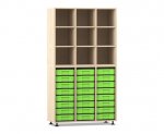 Flexeo Regal, 3 Reihen, 24 kleine Boxen, 9 Fächer oben Ahorn honig, Boxen grün (Zoom)