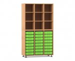 Flexeo Regal, 3 Reihen, 24 kleine Boxen, 9 Fächer oben Buche dunkel, Boxen grün (Zoom)