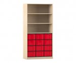 Flexeo Regal, 3 Reihen, 12 große Boxen, 3 Fächer oben Ahorn honig, Boxen rot (Zoom)