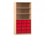 Flexeo Regal, 3 Reihen, 12 große Boxen, 3 Fächer oben Buche hell, Boxen rot (Zoom)