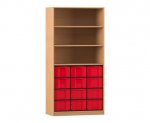 Flexeo Regal, 3 Reihen, 12 große Boxen, 3 Fächer oben Buche dunkel, Boxen rot (Zoom)