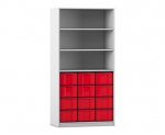 Flexeo Regal, 3 Reihen, 12 große Boxen, 3 Fächer oben grau, Boxen rot (Zoom)