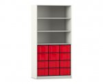 Flexeo Regal, 3 Reihen, 12 große Boxen, 3 Fächer oben weiß, Boxen rot (Zoom)
